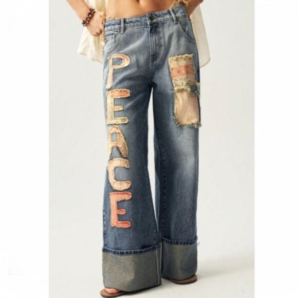 Peace Patchwork Cuffed Jeans size Large - Picture 1 of 9